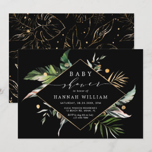 Wild Tropical Foliage Black Baby shower Kaart