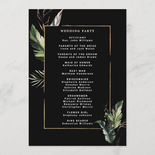 Wild Tropical Foliage Bruiloft Zwart Ceremonie Programmakaart (Achterkant)