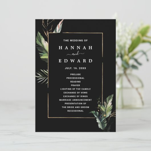 Wild Tropical Foliage Bruiloft Zwart Ceremonie Programmakaart (Staand voorkant)