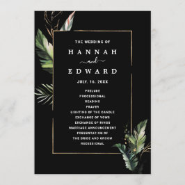 Wild Tropical Foliage Bruiloft Zwart Ceremonie Programmakaart