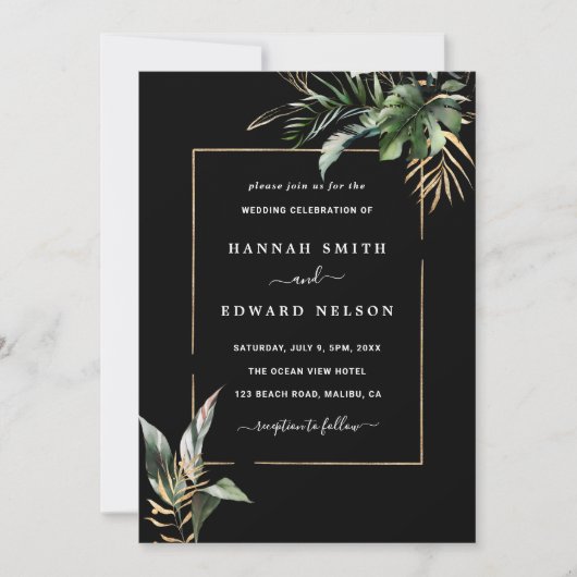 Wild Tropical Foliage Waterverf Bruiloft Zwart Kaart (Voorkant)