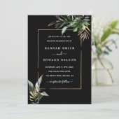 Wild Tropical Foliage Waterverf Bruiloft Zwart Kaart (Staand voorkant)