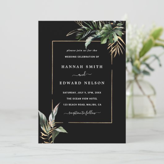 Wild Tropical Foliage Waterverf Bruiloft Zwart Kaart (Staand voorkant)