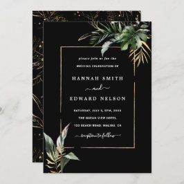 Wild Tropical Foliage Waterverf Bruiloft Zwart Kaart