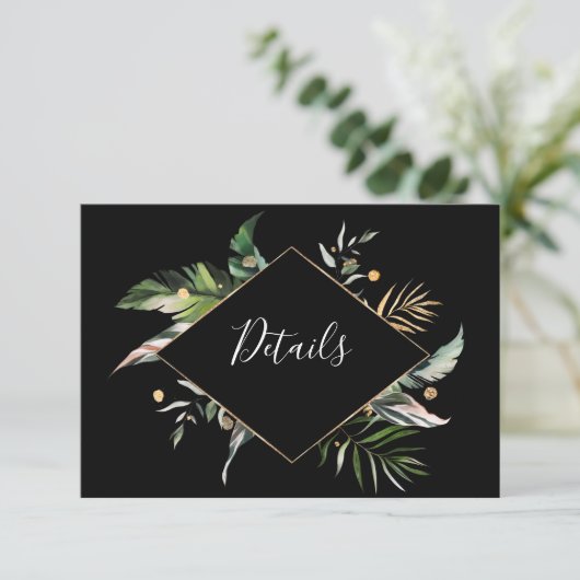 Wild Tropical Foliage Wedding Black - Gegevens Informatiekaartje (Staand voorkant)