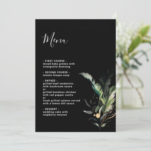 Wild Tropical Foliage Wedding Black Menu (Staand voorkant)