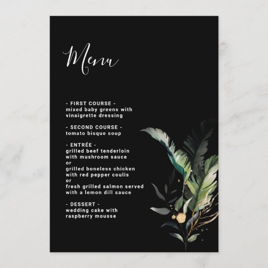 Wild Tropical Foliage Wedding Black Menu (Voorkant)