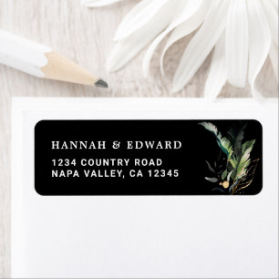 Wild Tropical Foliage Wedding Black Return Address Etiket