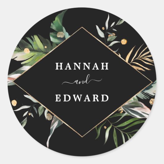 Wild Tropical Foliage Wedding Black Ronde Sticker (Voorkant)