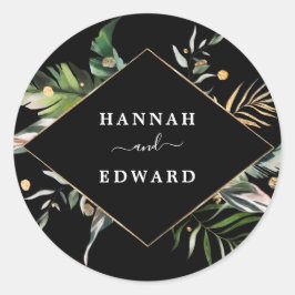 Wild Tropical Foliage Wedding Black Ronde Sticker