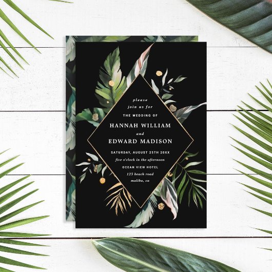 Wild Tropical Foliage Wedding Black Uitnodiging
