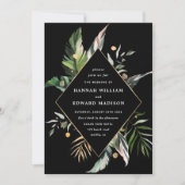Wild Tropical Foliage Wedding Black Uitnodiging (Voorkant)