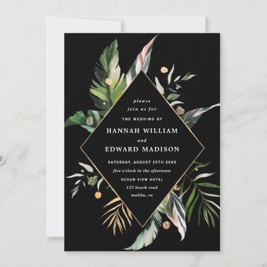 Wild Tropical Foliage Wedding Black Uitnodiging (Voorkant)