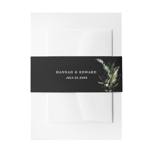 Wild Tropical Foliage Wedding Black Uitnodigingen Wikkel (Voorkant Voorbeeld)