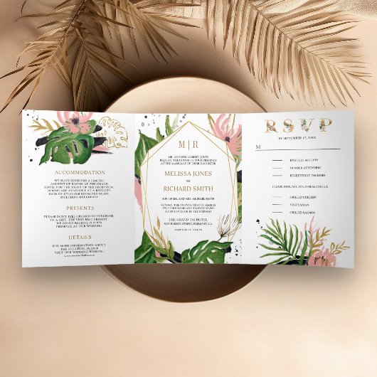 Wild Tropical Gold Blush Pink Floral Wedding Drieluik Uitnodiging