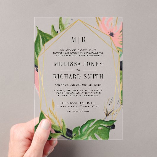 Wild Tropical Gold Pink Floral Wedding Acryl Uitnodigingen (Insitu (Draagbaar))