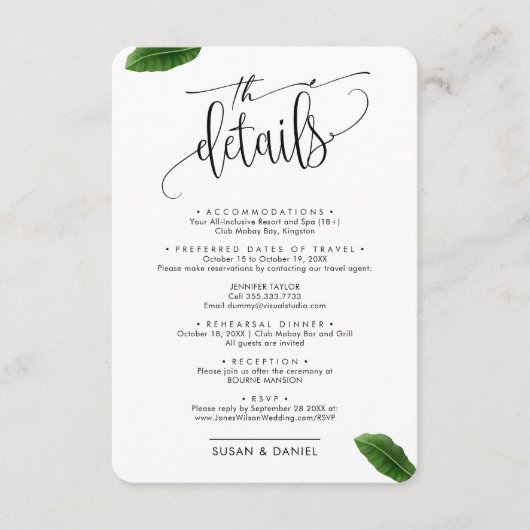 Wild Tropical Leaves Foto Bruiloft Reisgegevens Informatiekaartje (Voorkant)