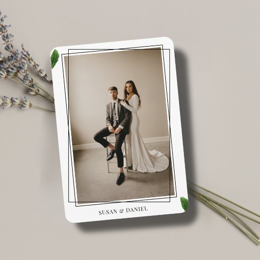 Wild Tropical Leaves Foto Bruiloft Reisgegevens Informatiekaartje