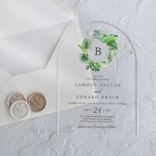 Wild Tropical Palm Arch Destination Beach Wedding Acryl Uitnodigingen