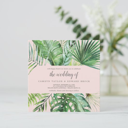 Wild Tropical Palm | Blush Square Weddenschap Kaart (Staand voorkant)