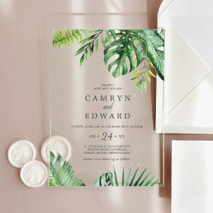 Wild Tropical Palm Boho Beach Destination Wedding Acryl Uitnodigingen