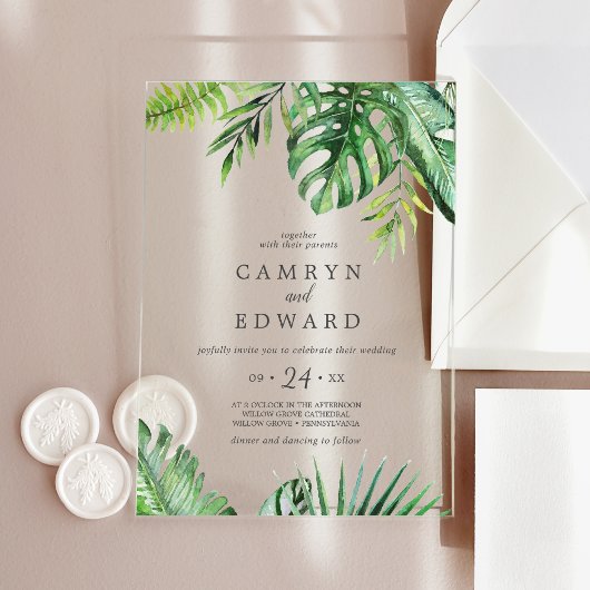 Wild Tropical Palm Boho Beach Destination Wedding Acryl Uitnodigingen