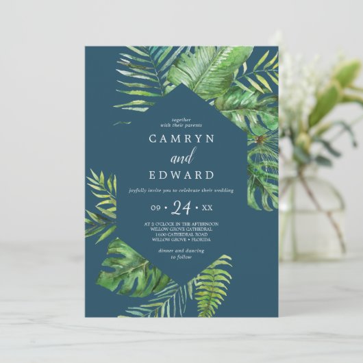 Wild Tropical Palm | Casual bruiloft bij Navy Hexa Kaart (Staand voorkant)