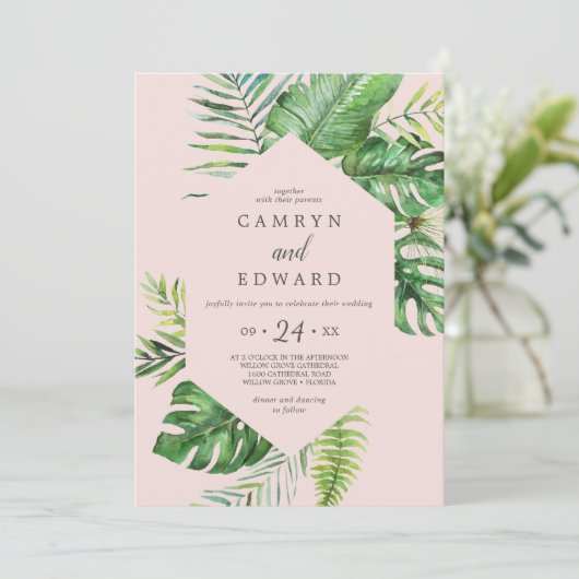 Wild Tropical Palm | Casual huwelijk met Blush Hex Kaart (Staand voorkant)
