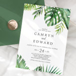 Wild Tropical Palm Casual Wedding Kaart<br><div class="desc">Deze wilde tropische casual huwelijksuitnodiging is perfect voor een strand of een bestemmingsprouwerij. Het ontwerp is voorzien van een exotische reeks groene waterverf banaanpalmbladeren,  kannen,  bladeren,  bladeren,  bladeren,  botanische planten en groen voor een tropische zomer.</div>