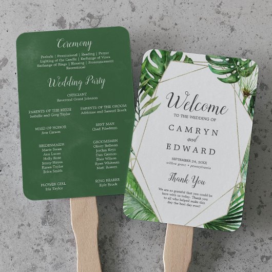 Wild Tropical Palm Geometric Wedding Program Fan Handwaaier
