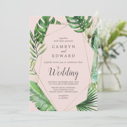 Wild Tropical Palm | Gewone geometrische bruiloft Kaart (Staand voorkant)