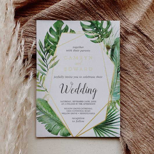 Wild Tropical Palm | Gold Foil Geometric Wedding F Folie Uitnodiging