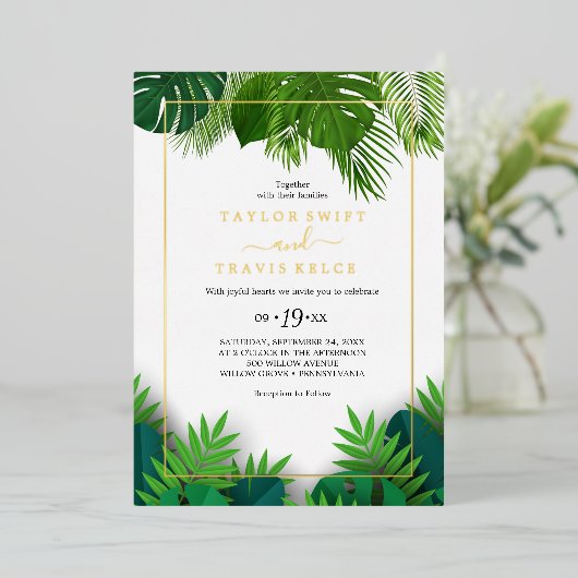 Wild Tropical Palm | Gold Foil Hexagon Wedding Folie Uitnodiging (Staand Voorkant)