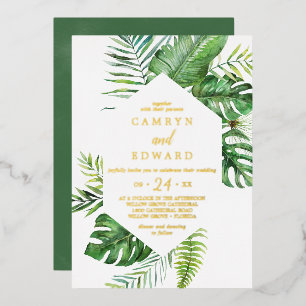 Wild Tropical Palm   Gold Foil Hexagon Wedding Folie Uitnodiging