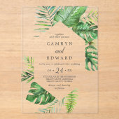 Wild Tropical Palm Leaf Destination Beach Wedding Acryl Uitnodigingen (Voorkant)