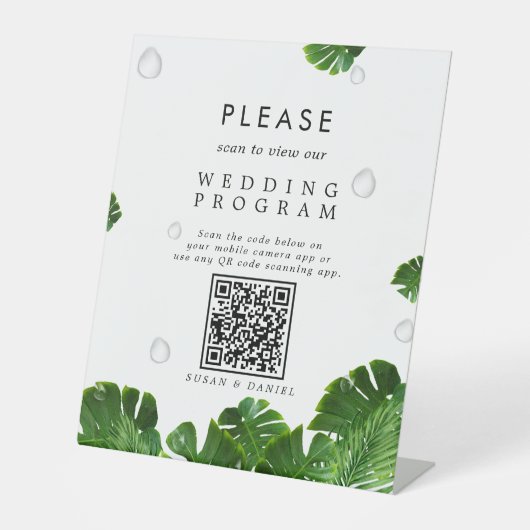 Wild Tropical Palm Leaves QR Code Trouwprogramma Reclamebord Met Voetstuk (Voorkant)