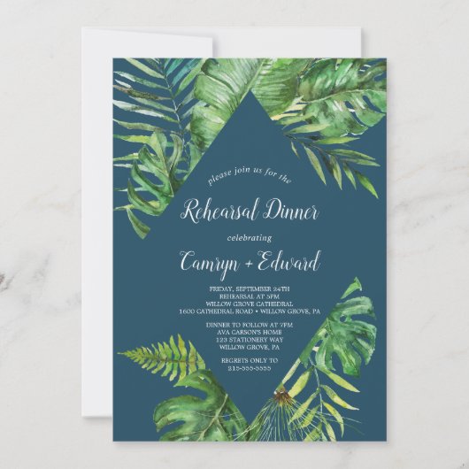 Wild Tropical Palm | Navy Blue Rehearsal Dinner Kaart (Voorkant)