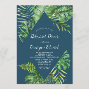 Wild Tropical Palm   Navy Blue Rehearsal Dinner Kaart