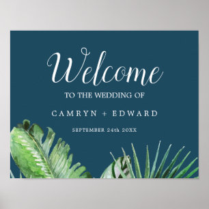 Wild Tropical Palm Navy Blue Welcome Wedding Poster