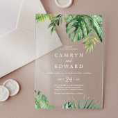 Wild Tropical Palm White Beach Destination Wedding Acryl Uitnodigingen