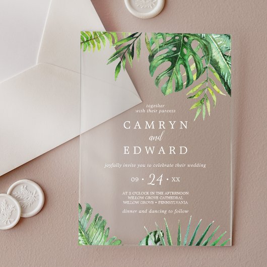 Wild Tropical Palm White Beach Destination Wedding Acryl Uitnodigingen