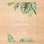 Wild Tropical Palm White Beach Destination Wedding Acryl Uitnodigingen (Voorkant)