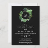 Wild Tropical Palm | Zwart monogram huwelijk Kaart (Voorkant)