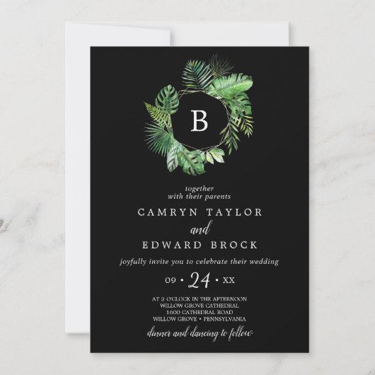 Wild Tropical Palm | Zwart monogram huwelijk Kaart (Voorkant)