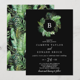 Wild Tropical Palm | Zwart monogram huwelijk Kaart