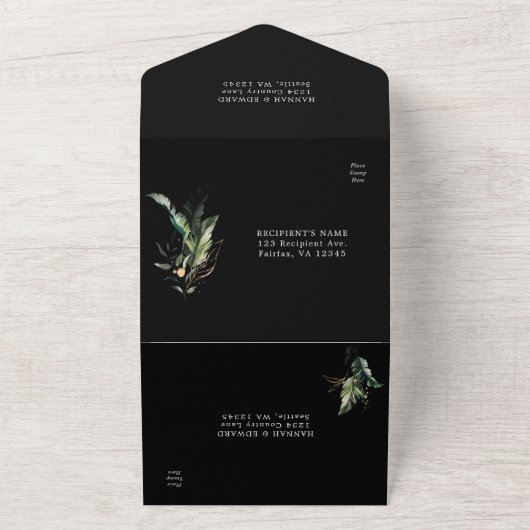 Wild Tropical Waterverf Foliage Black Wedding All In One Uitnodiging (Buitenkant)