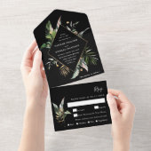 Wild Tropical Waterverf Foliage Black Wedding All In One Uitnodiging (Afscheurbaar)