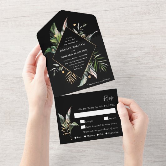 Wild Tropical Waterverf Foliage Black Wedding All In One Uitnodiging (Afscheurbaar)