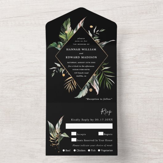 Wild Tropical Waterverf Foliage Black Wedding All In One Uitnodiging (Binnen)