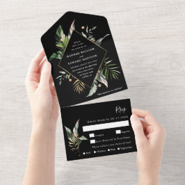 Wild Tropical Waterverf Foliage Black Wedding All In One Uitnodiging